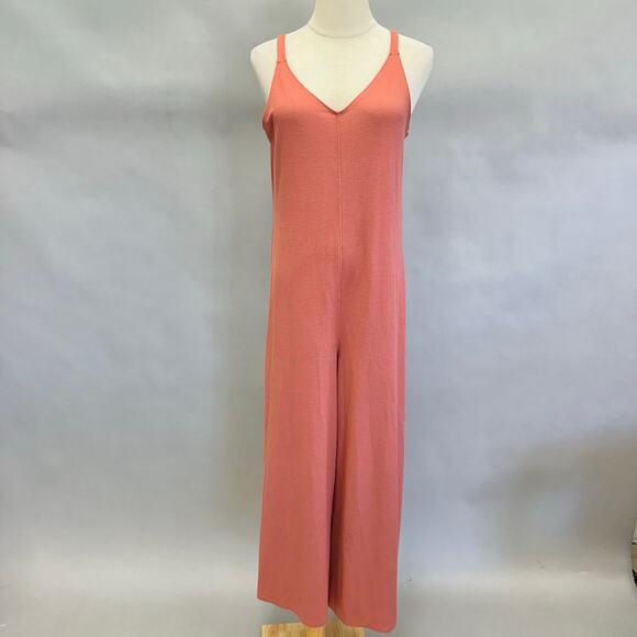 Athleta pink waffle knit Wind Down jumpsuit Size Small v neck wide leg - Picture 1 of 15
